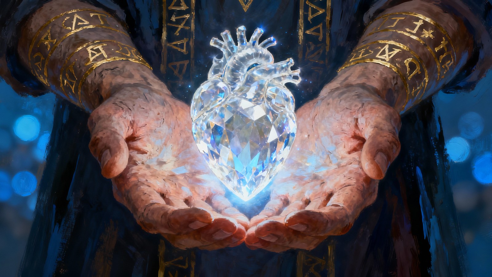 Hands holding a crystal anatomical heart lit from within.