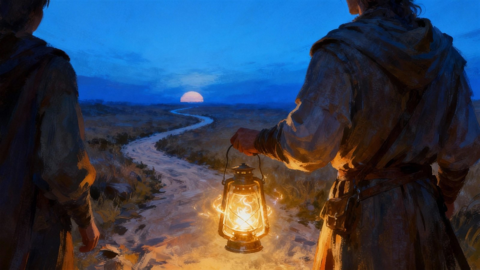 A warm lantern glowing in a quiet outdoor setting.